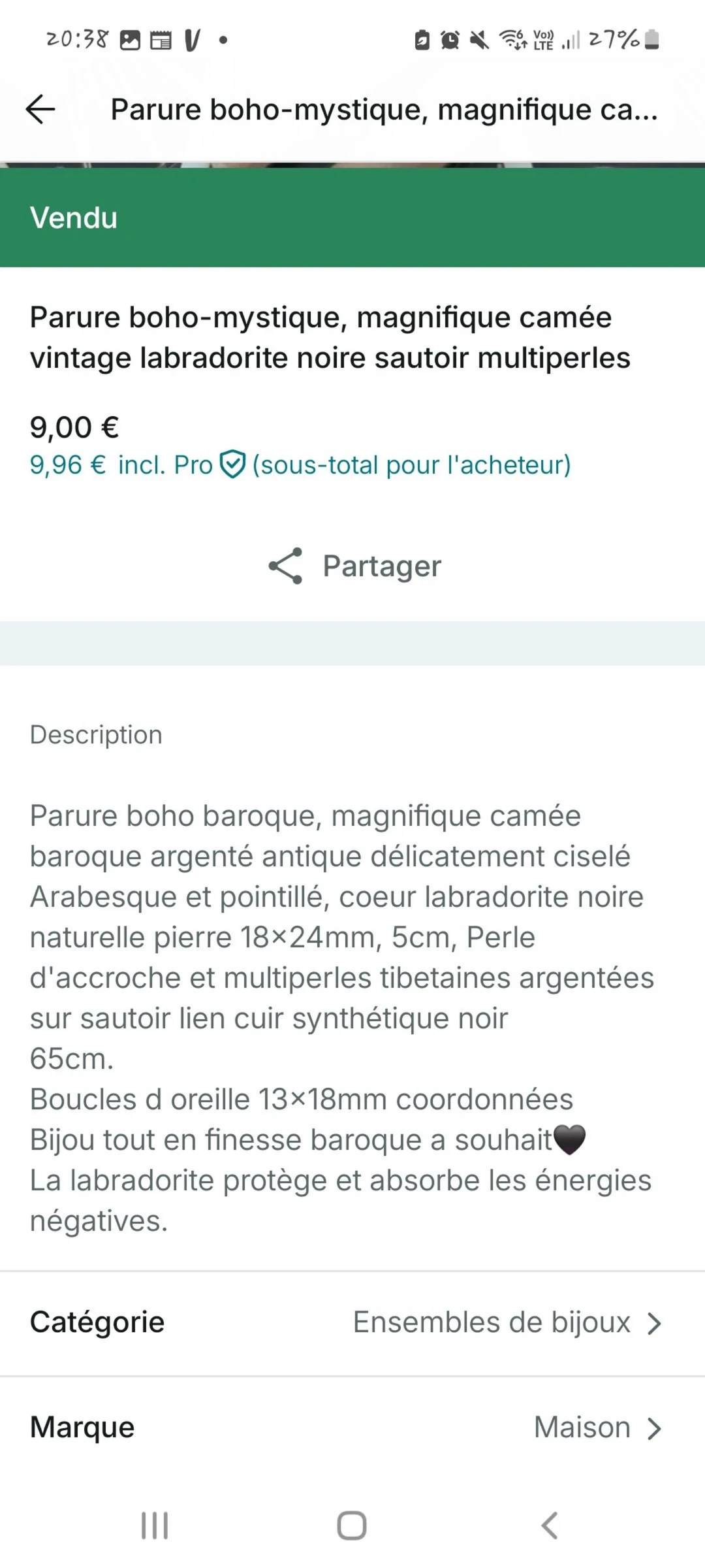 Parure boho-mística, magnífico camafeu vintage labradorita negra sautoir multiperlas – photo 9